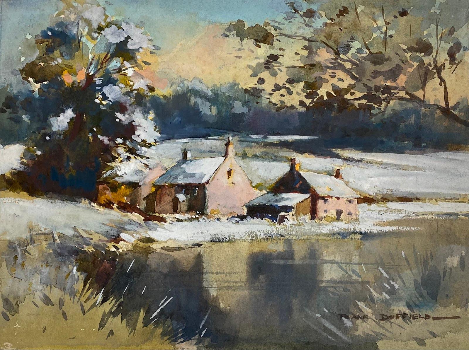 Frank Duffield Landscape Art - British Impressionist Painting Snowy Settlement On The Lake 