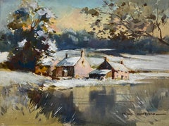 Peinture impressionniste britannique d'un settlement enneigé sur le lac 