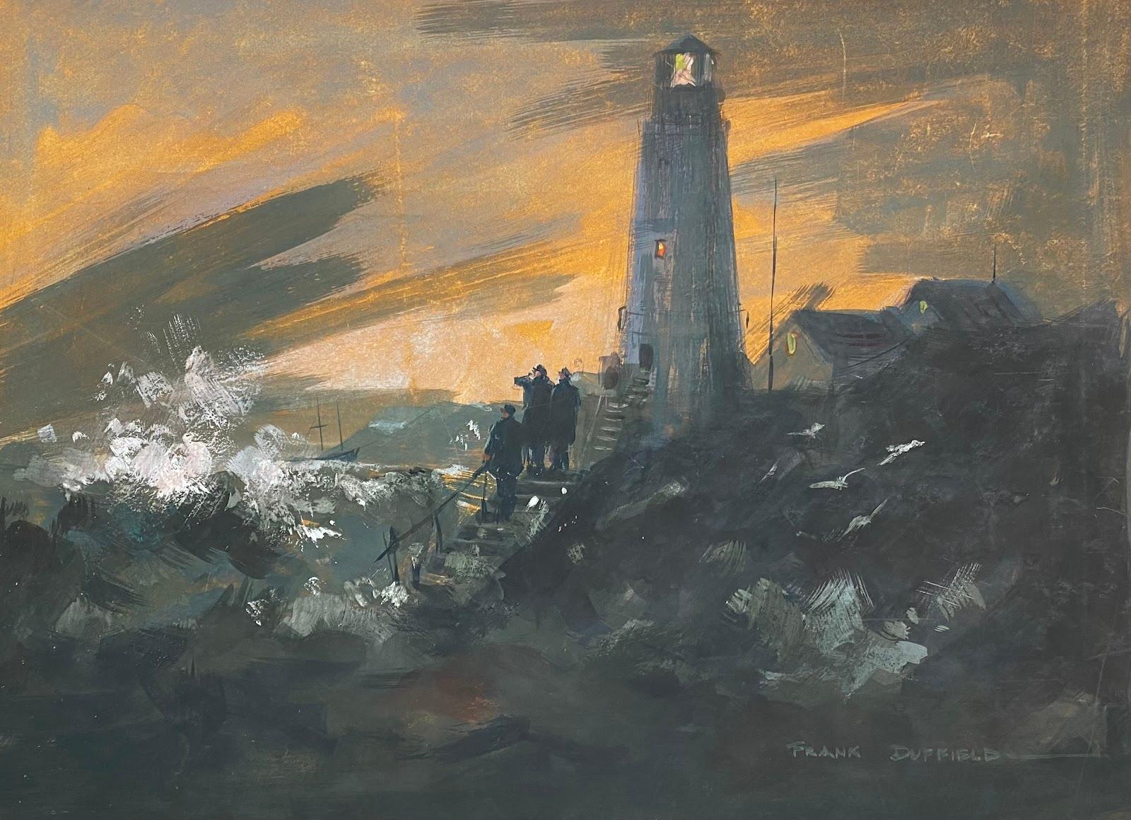 Frank Duffield Abstract Drawing – British Impressionistisches Gemälde „Leuchtturm unter geflammtem Himmel“ 