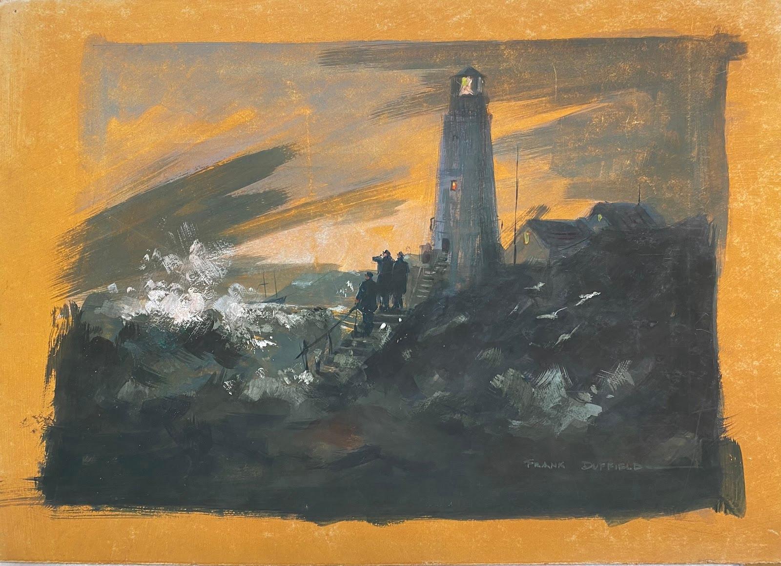 British Impressionist Painting Lighthouse Beneath Flaming Sky  - Art by Frank Duffield