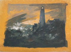 British Impressionist Painting Lighthouse Beneath Flaming Sky
