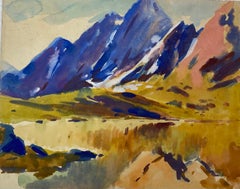 Peinture britannique aux couleurs chaudes qui reflètent sur le lac en dessous des montagnes 