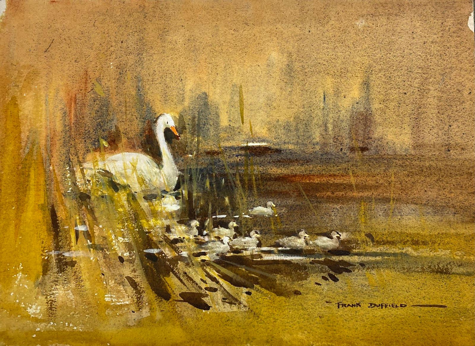 Frank Duffield Abstract Drawing - British Impressionist Painting Swan and Signets Gliding Across Peaceful Waters