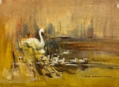 British Impressionist Painting Swan and Signets Gliding Across Peaceful Waters
