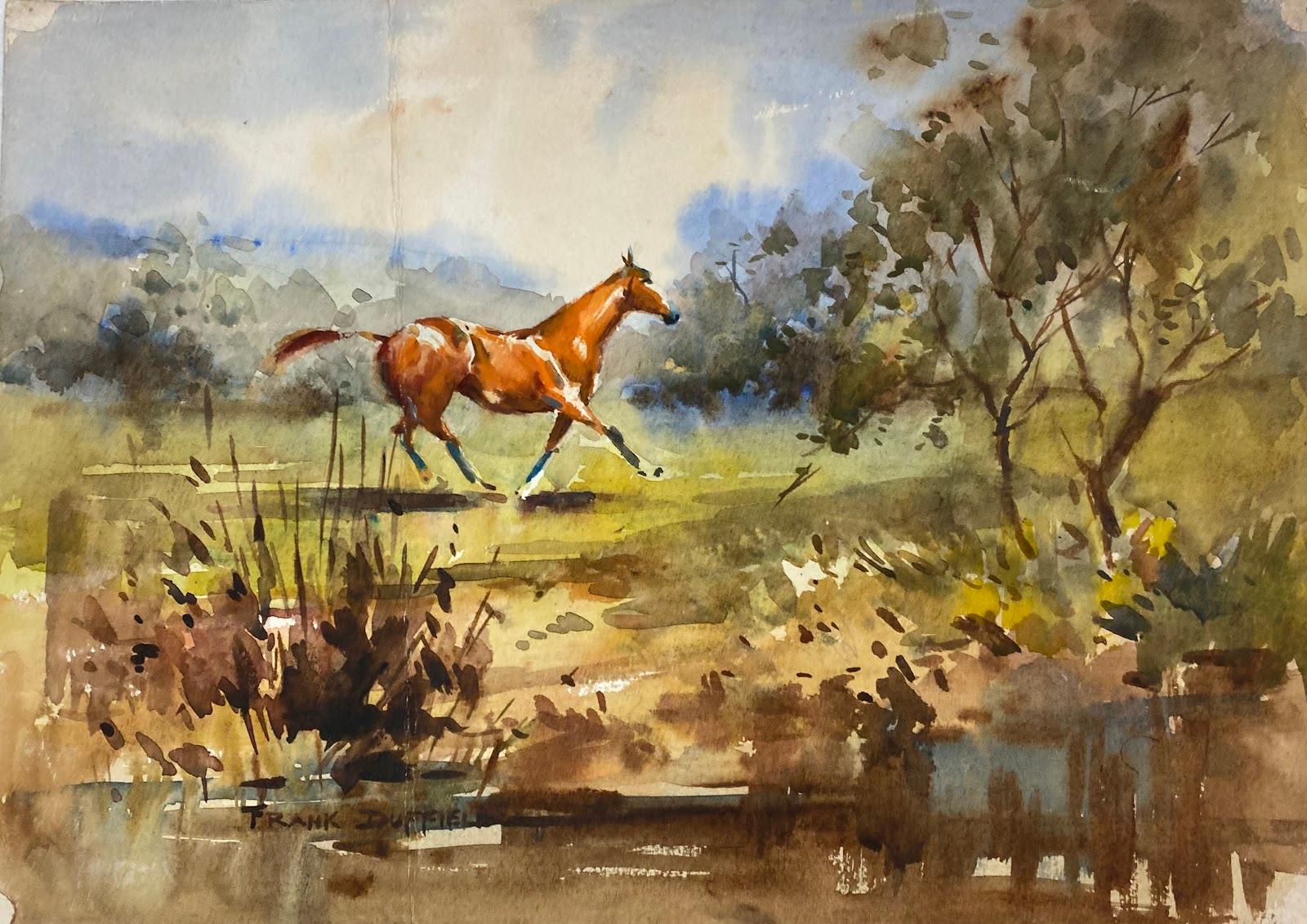 Frank Duffield Abstract Drawing - British Impressionist Painting Sorrel Horse Trotting In Field By Stream 
