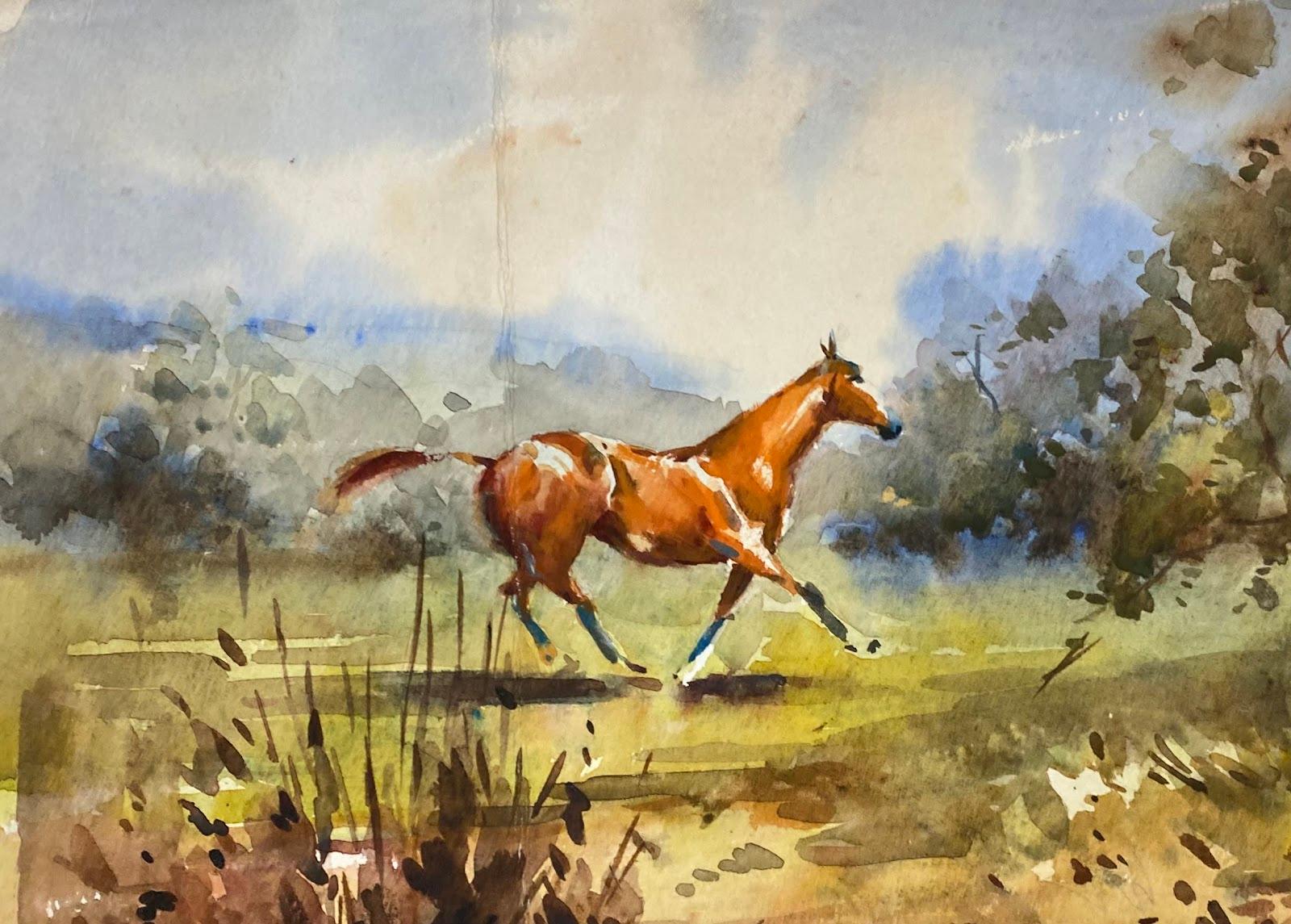 British Impressionist Painting Sorrel Horse Trotting In Field By Stream  - Art by Frank Duffield