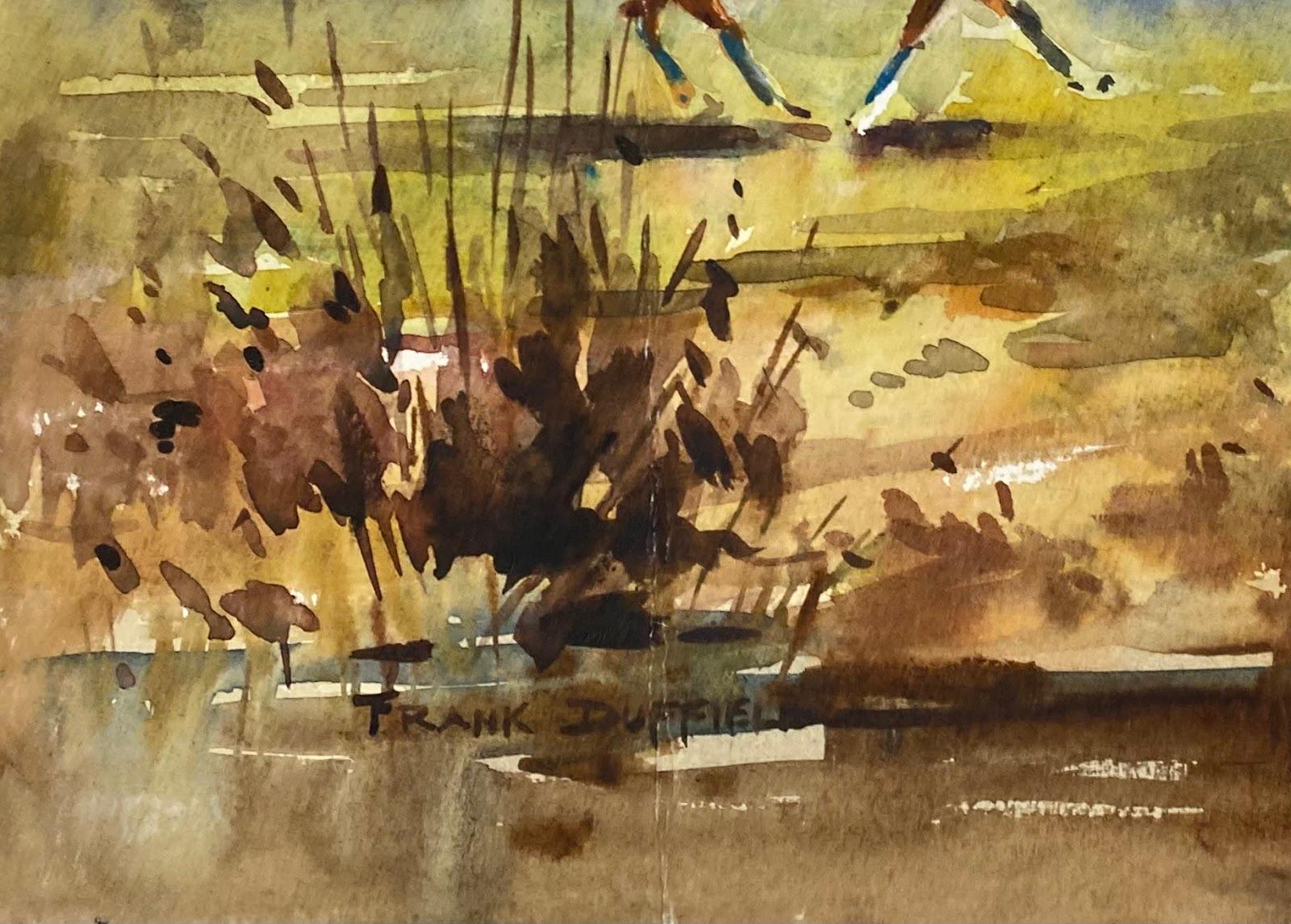 Peinture impressionniste britannique représentant un cheval piqué sur un terrain par Stream  - Impressionnisme Art par Frank Duffield