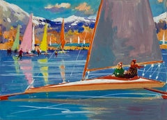 Peinture impressionniste britannique du milieu du 20e siècle représentant une course de bateaux d'été multicolores 