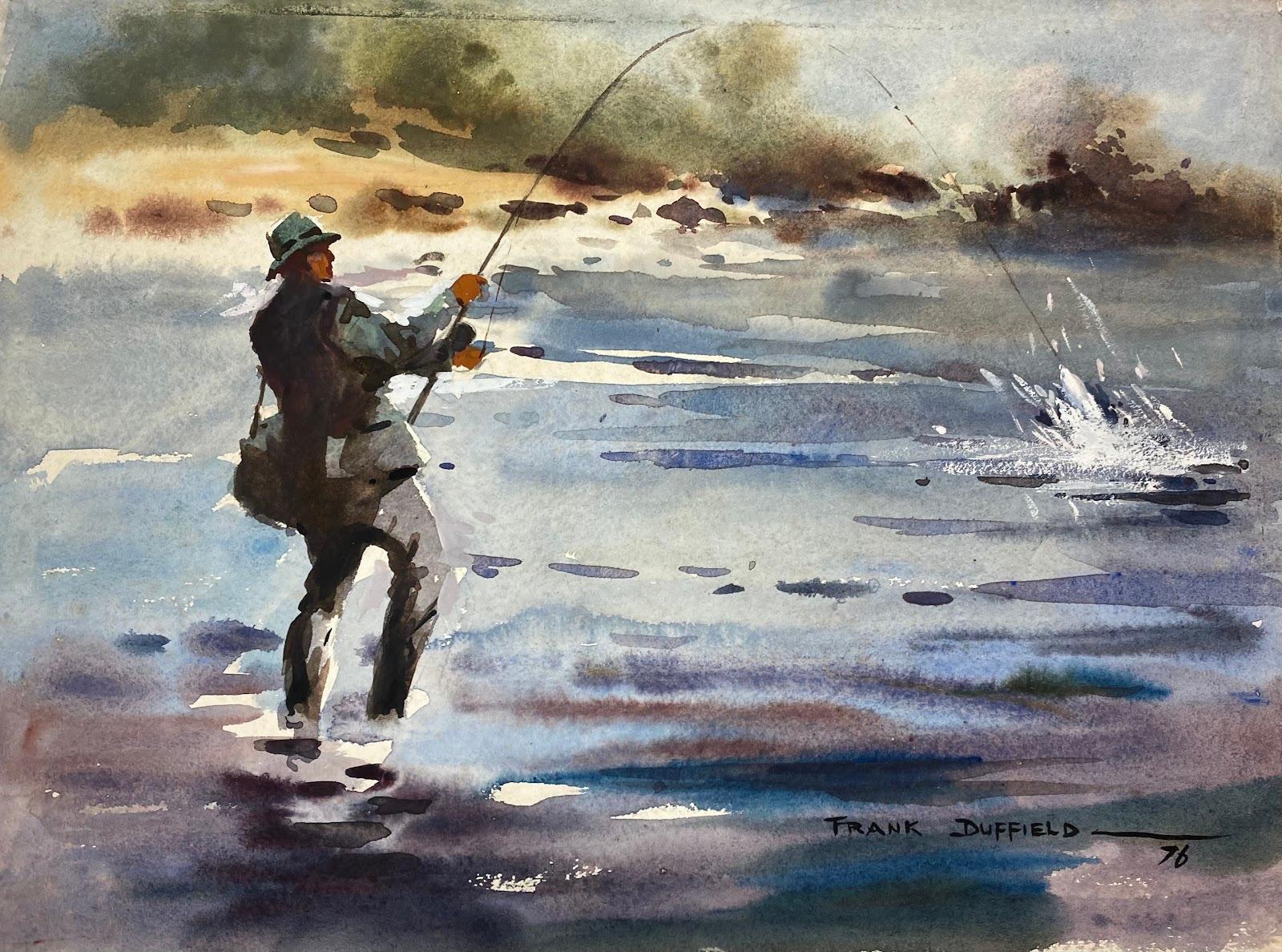 Frank Duffield - Double-sided British Painting Bridge Figure Flyfishing In  The Shallow Waters For Sale at 1stDibs