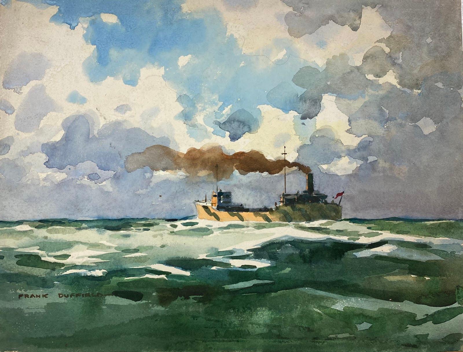 Frank Duffield Landscape Art - British Impressionist Painting Bridge Behind Fishing Boat 