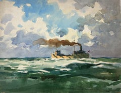 British Impressionist Painting Bridge Behind Fishing Boat 