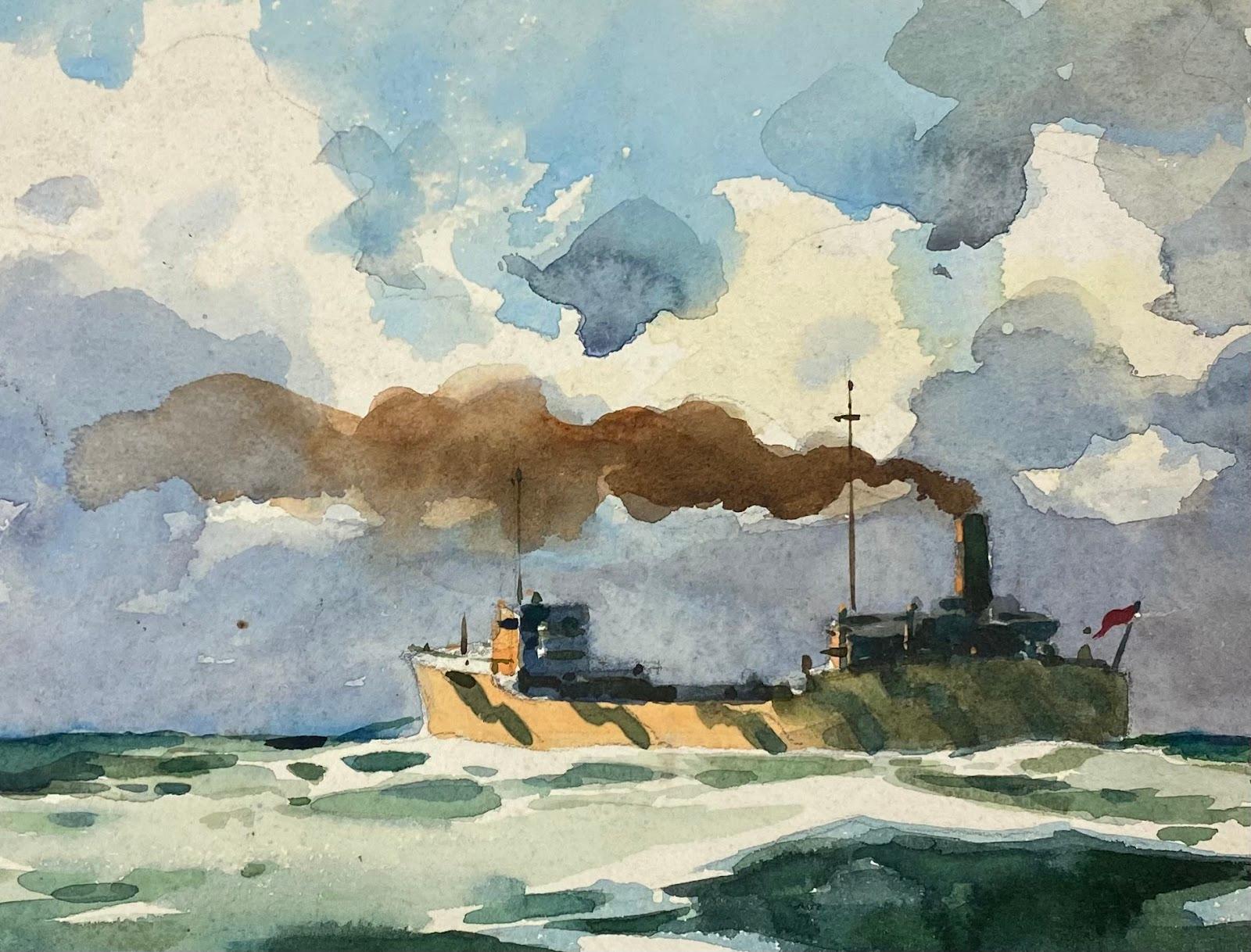 British Impressionist Painting Bridge Behind Fishing Boat  - Art by Frank Duffield