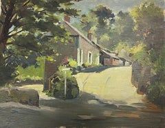 Retro British Impressionist Painting Cottages Through The Village