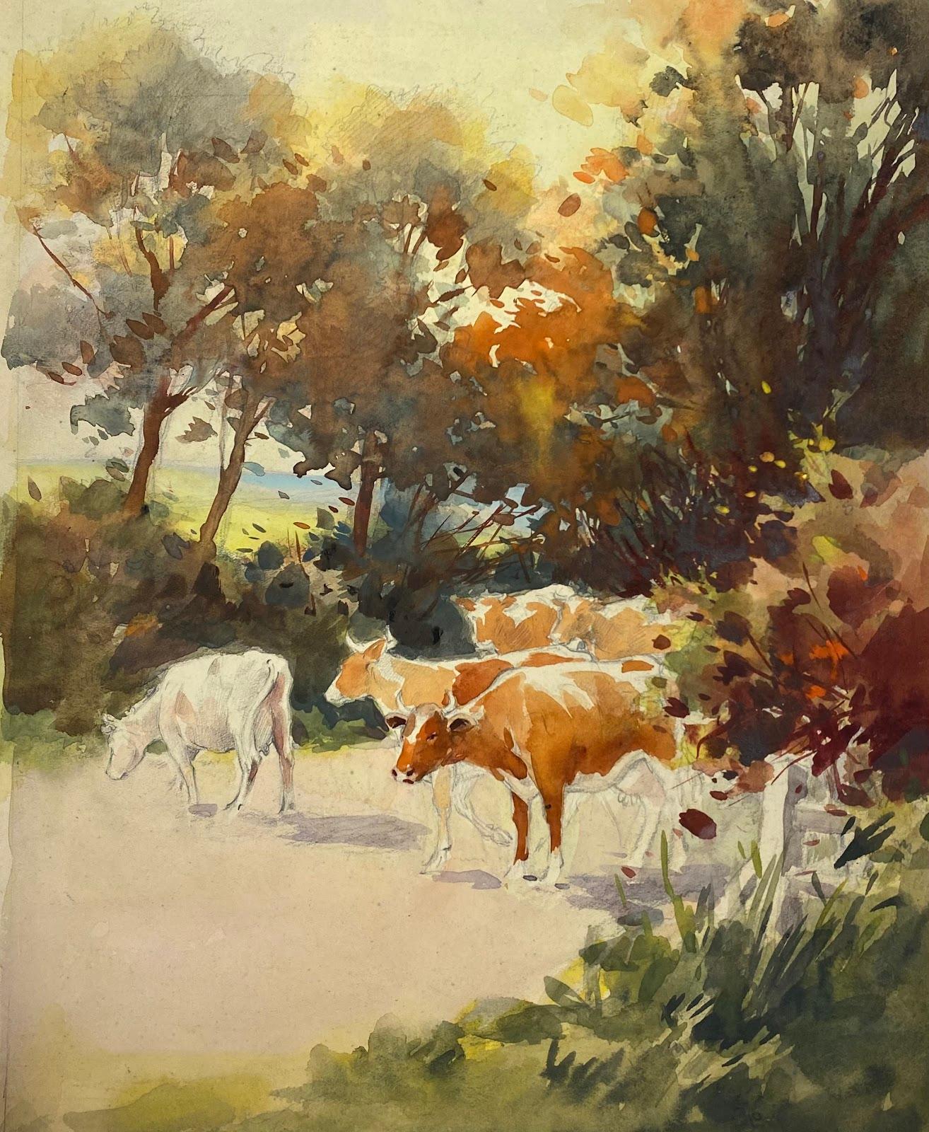 Frank Duffield Abstract Drawing – Britisches impressionistisches Gemälde, Authentische Landschaft, Rinder, Crossing The Road 