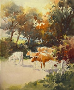 Vintage British Impressionist Painting Autuminal Landscape Cattle Crossing The Road 