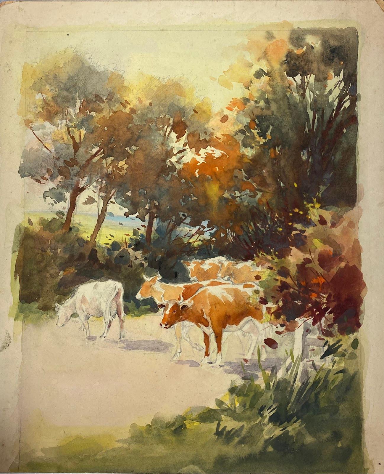 British Impressionist Painting Autuminal Landscape Cattle Crossing The Road  - Art by Frank Duffield