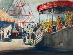 Vintage British Impressionist Painting The Carousel At A FunFair