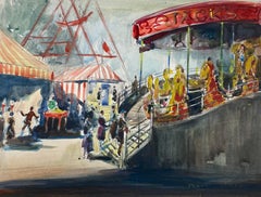 Retro British Impressionist Painting The Carousel At A FunFair