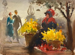 Peinture impressionniste britannique Dame au manteau noir et rouge perchée dans Townes 