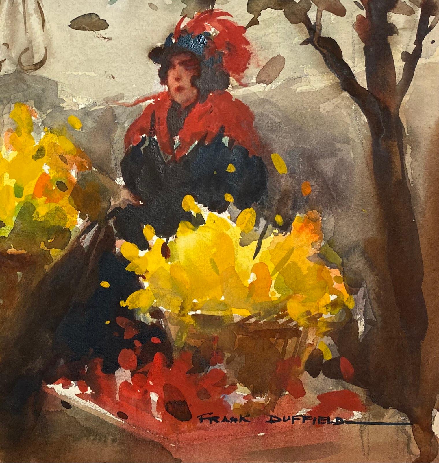 Britisches impressionistisches Gemälde, Lady In Black And Red, Cloak Perched In Town  – Art von Frank Duffield