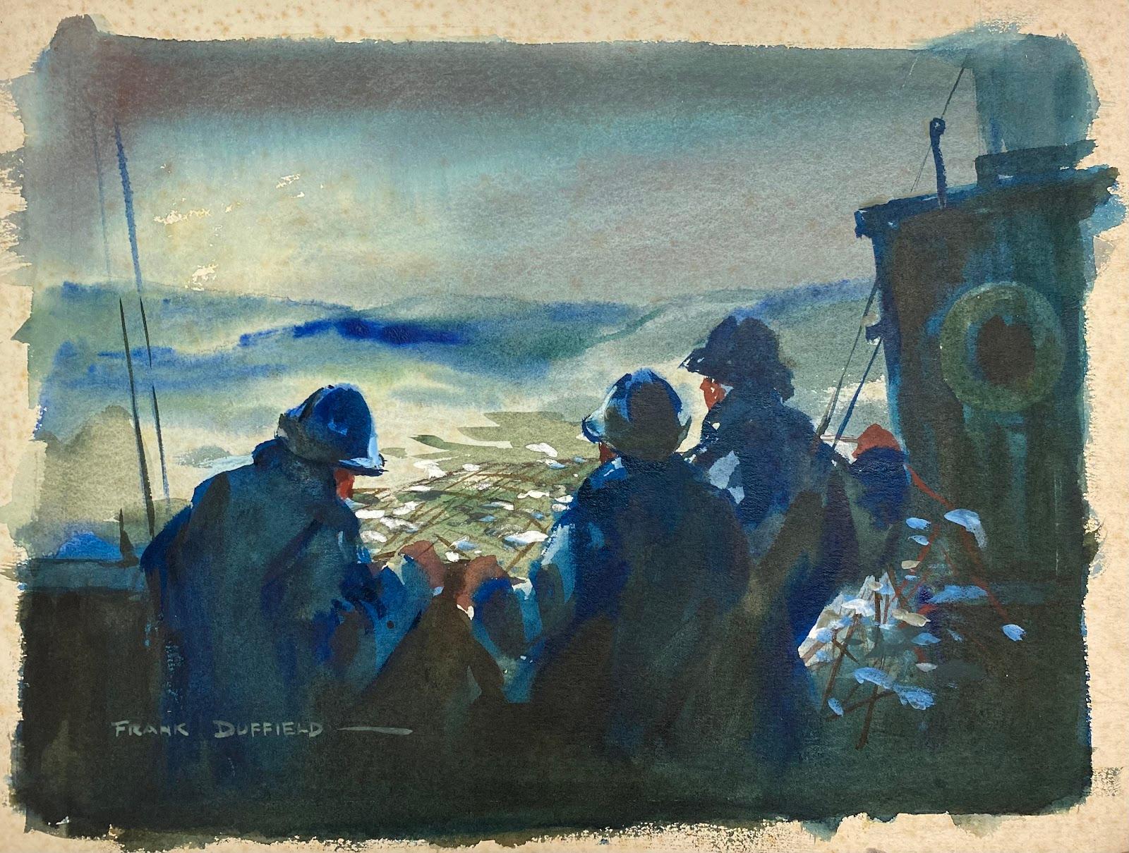 Britisch-impressionistisches Gemälde von Fischern mit ihren Netzen heraus  – Art von Frank Duffield