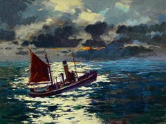 British Painting Moonlight Reflecting On The Water With Fishing Trawler Scene