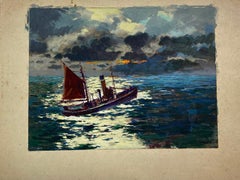 British Painting Moonlight Reflecting On The Water With Fishing Trawler Scene
