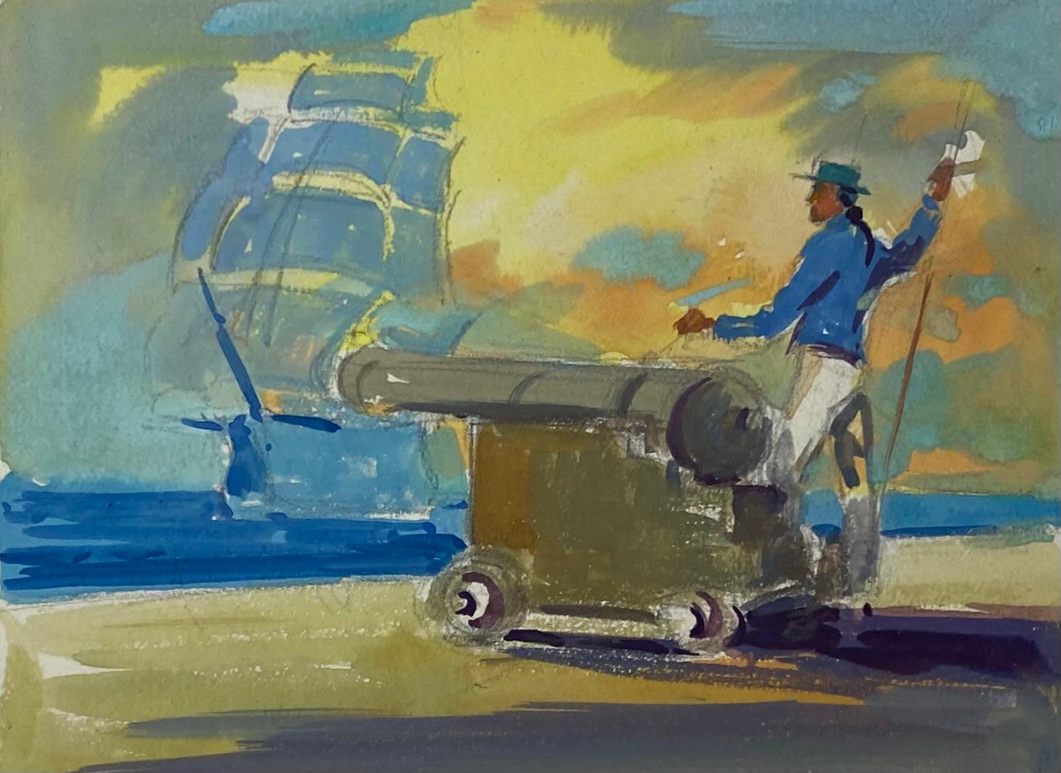 British Impressionist Painting Figure With Cannon Waiting At The Port 