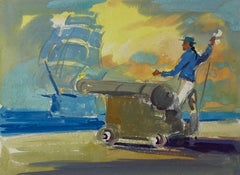Figure de peinture impressionniste britannique avec un canon en attente au port 
