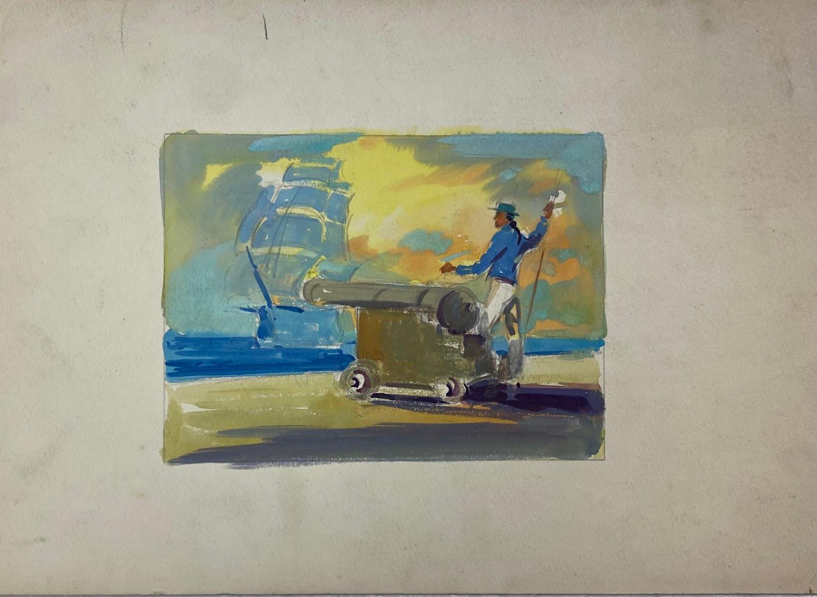 British Impressionist Painting Figure With Cannon Waiting At The Port  - Art by Frank Duffield