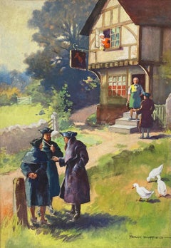 Retro British Impressionist Painting Three Men Discussing Outside The Village Pub