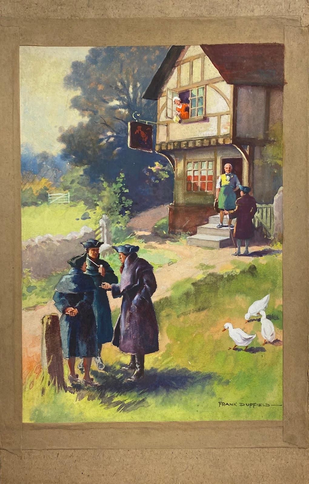 Britisches impressionistisches Gemälde, Gemälde „Dreie Männer neben dem Dorf Pub“ – Art von Frank Duffield