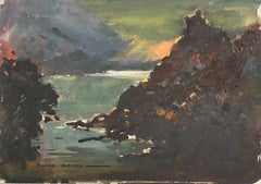 Peinture impressionniste britannique d'une côte rocheuse au crépuscule