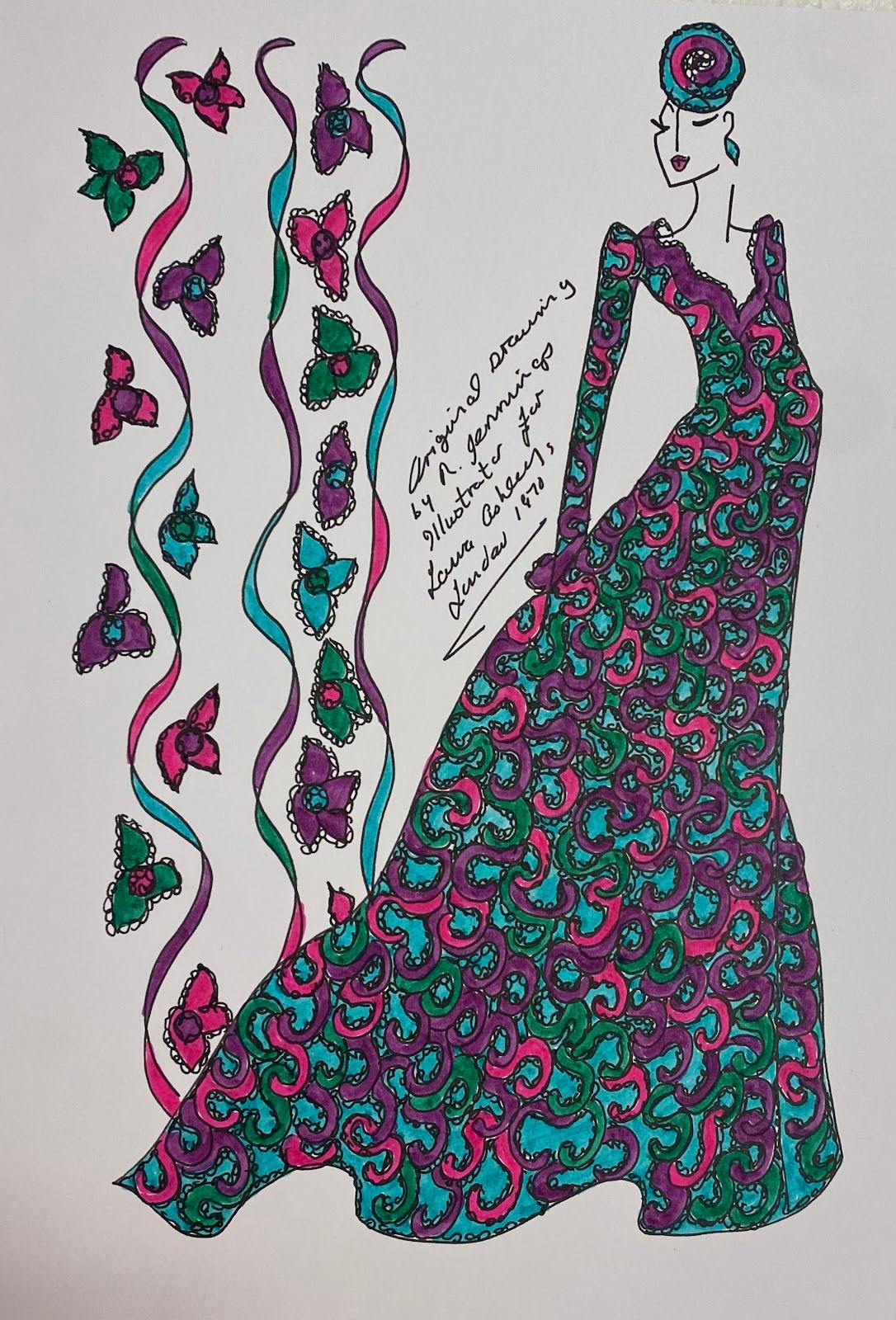 Roz Jennings Abstract Drawing - Original Fashion Design Illustration Watercolor Painting Laura Ashley Designer