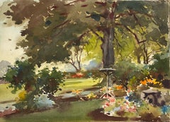 Retro British Impressionist Painting Picturesque Garden