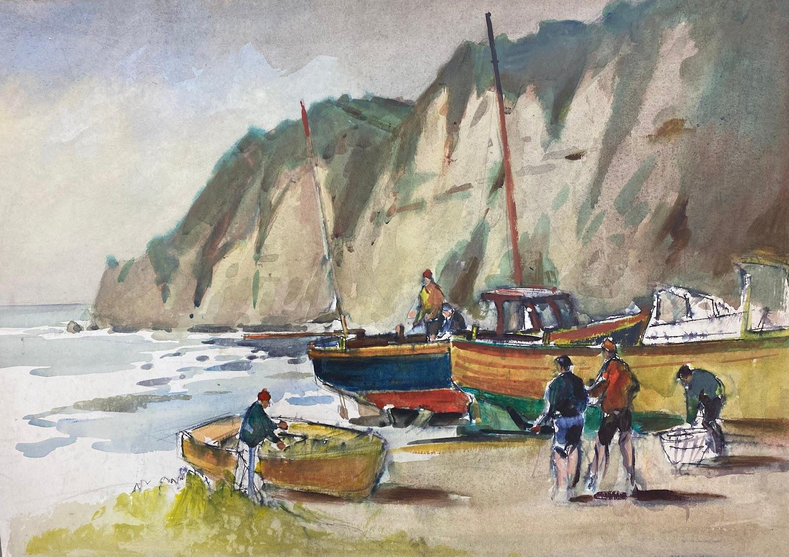 Frank Duffield Landscape Art - British Impressionist Painting Fishermen And Boats On The Beach