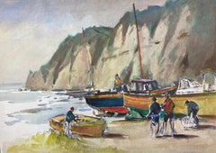 Peinture impressionniste britannique représentant des pêcheurs et des bateaux sur la plage