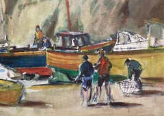 British Impressionist Painting Fishermen And Boats On The Beach