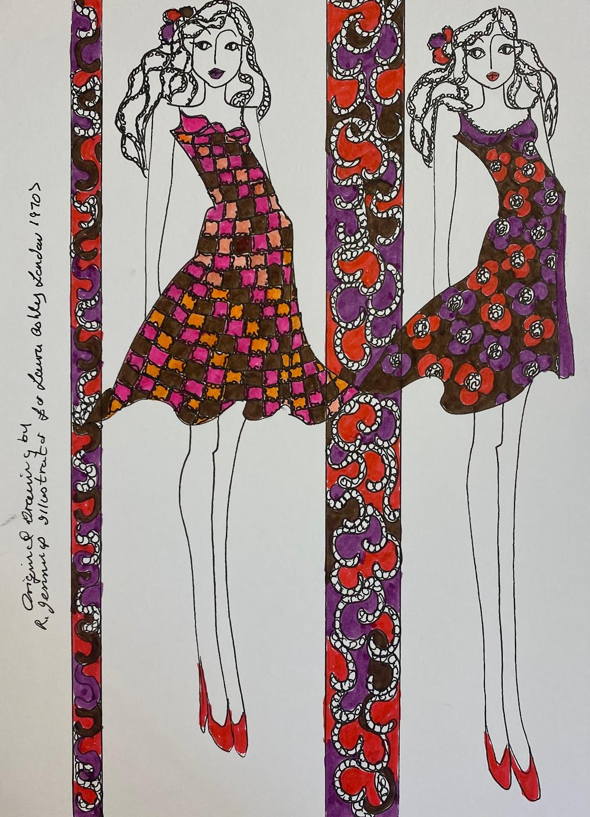 Roz Jennings Abstract Drawing - Original Fashion Design Illustration Watercolor Painting Laura Ashley Designer