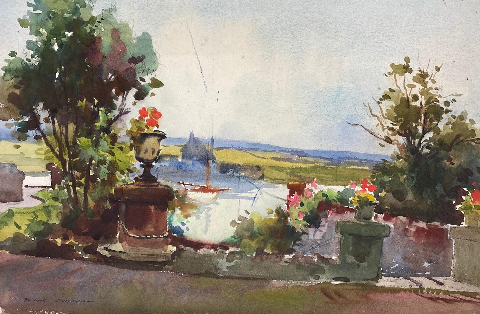 Frank Duffield Abstract Drawing – Britischer Impressionist malt Blumen, Laub und Boot auf dem See 