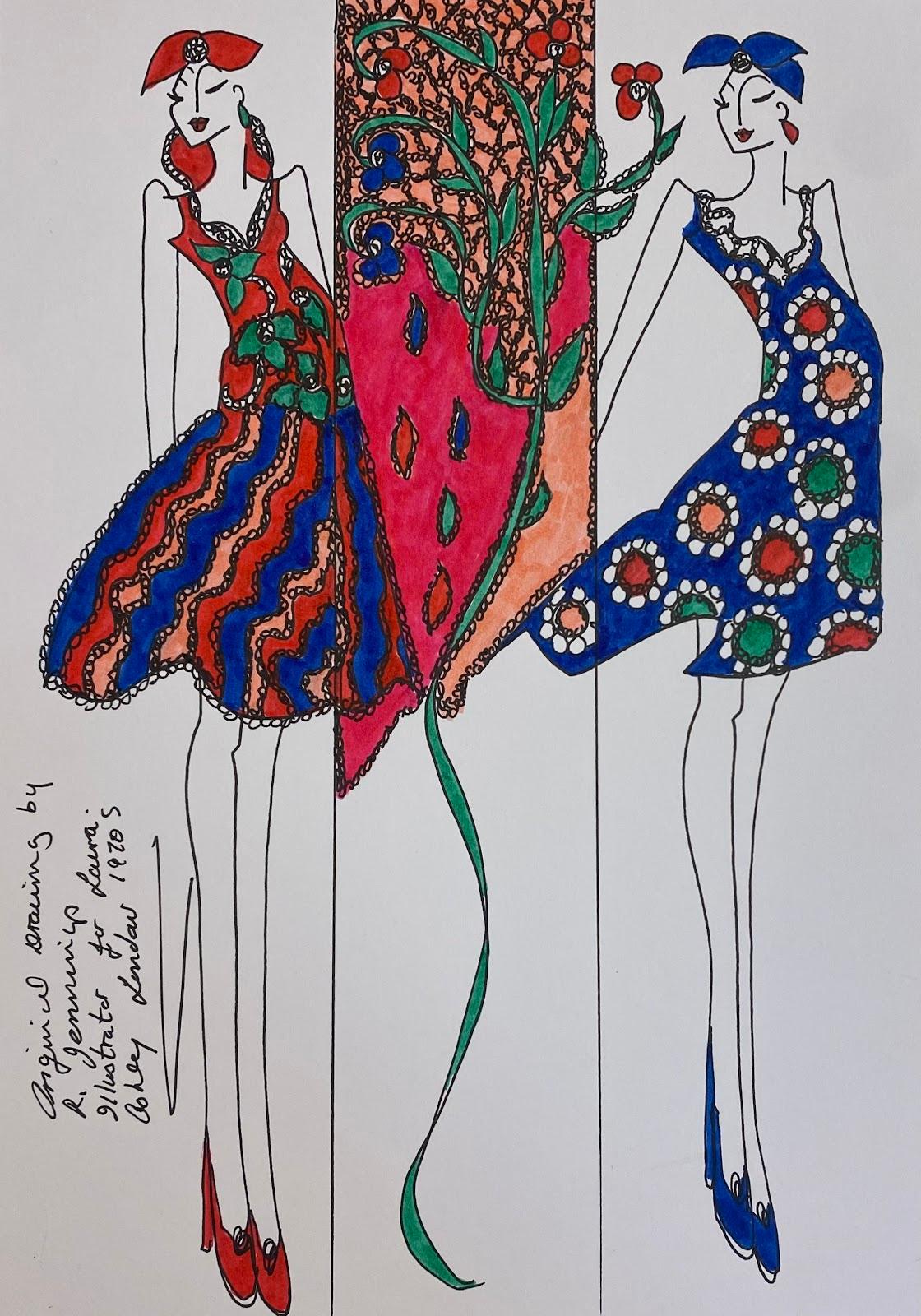 Roz Jennings Abstract Drawing - Original Fashion Design Illustration Watercolor Painting Laura Ashley Designer