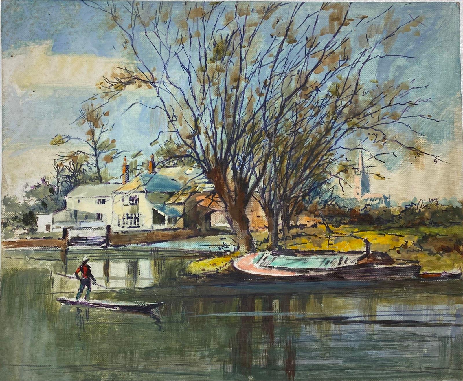 Frank Duffield Landscape Art - British Impressionist Painting Punt Boat On Lake Landscape 