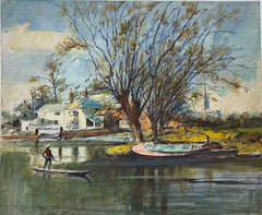 Vintage British Impressionist Painting Punt Boat On Lake Landscape 
