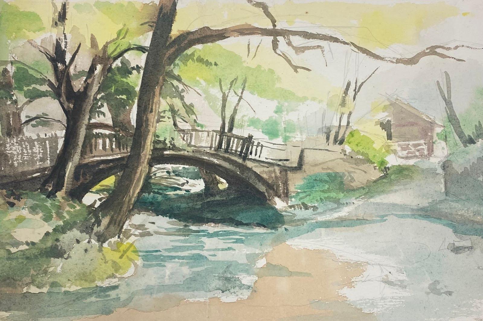 Britisch-impressionistisches Gemälde Brücke und schwebender Fluss im Landhausstil 