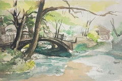 British Impressionist Painting Bridge and Flowing River In The Countryside 