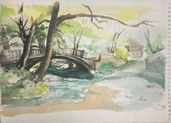 British Impressionist Painting Bridge and Flowing River In The Countryside