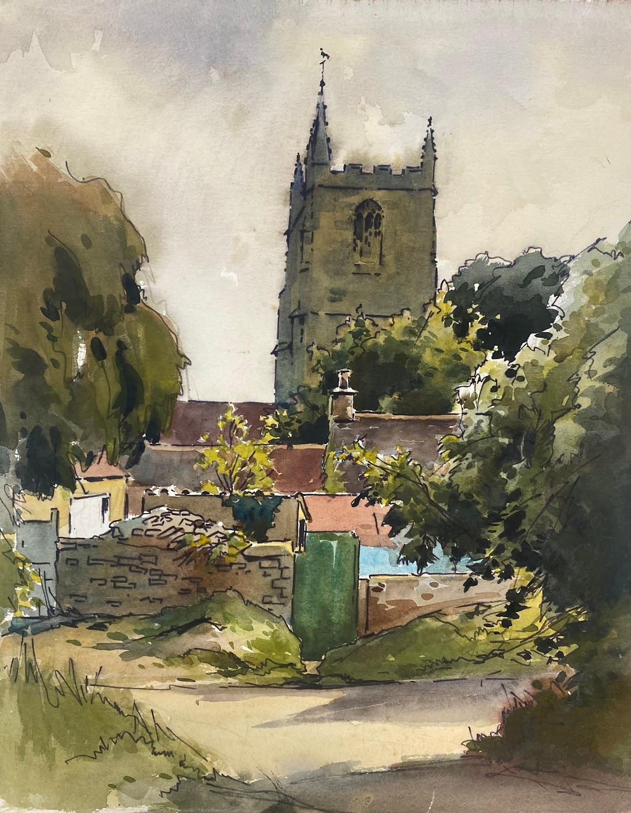 Landscape Art de Frank Duffield - Pintura impresionista británica de mediados del siglo XX La iglesia del pueblo
