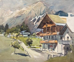 British Mid 20th Century Impressionist Painting The Village In The Mountains  