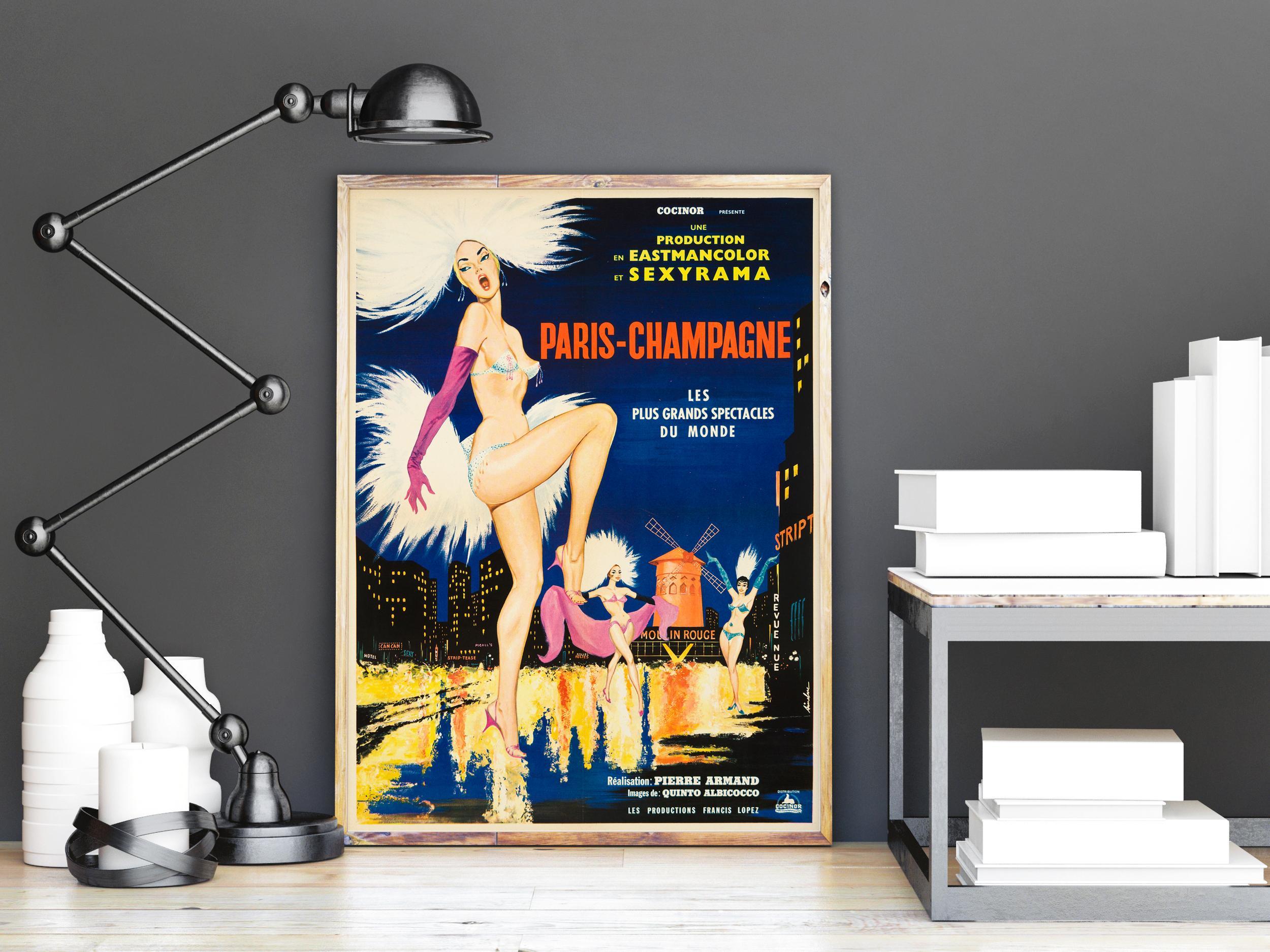 Although the film itself is somewhat unknown, released only in France and the Netherlands, this stunning French Moyenne poster for the 1964 Pierre Armand melodrama 'Paris-Champagne' stands on it's own, with its colourful can-can dancers set against