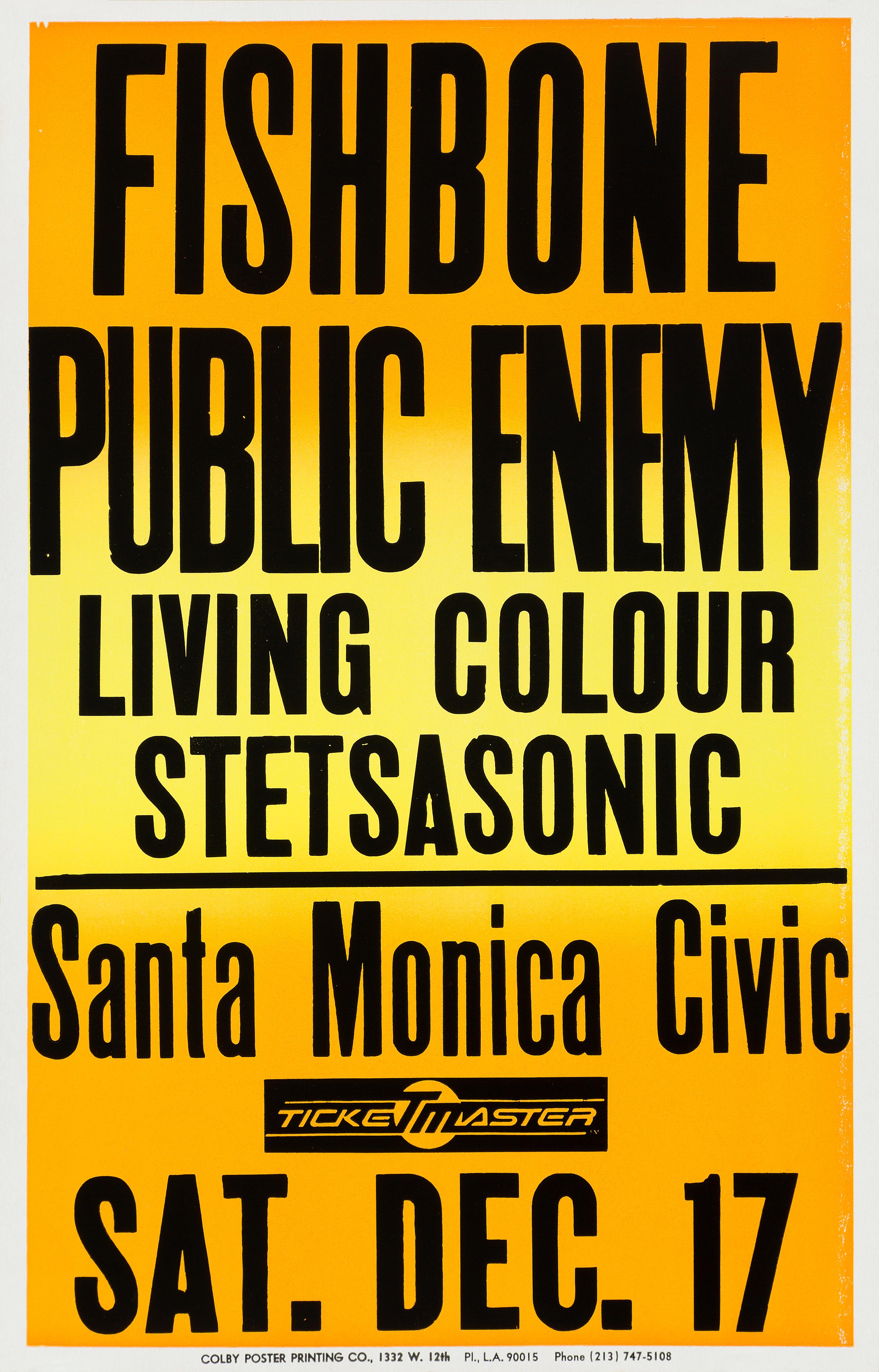 A rare boxing-style concert poster for a performance by Public Enemy with Fishbone, Living Colour and Stetsasonic at the Santa Monica Civic Auditorium on Saturday 17th December 1988, in support of Public Enemy's breakthrough album 